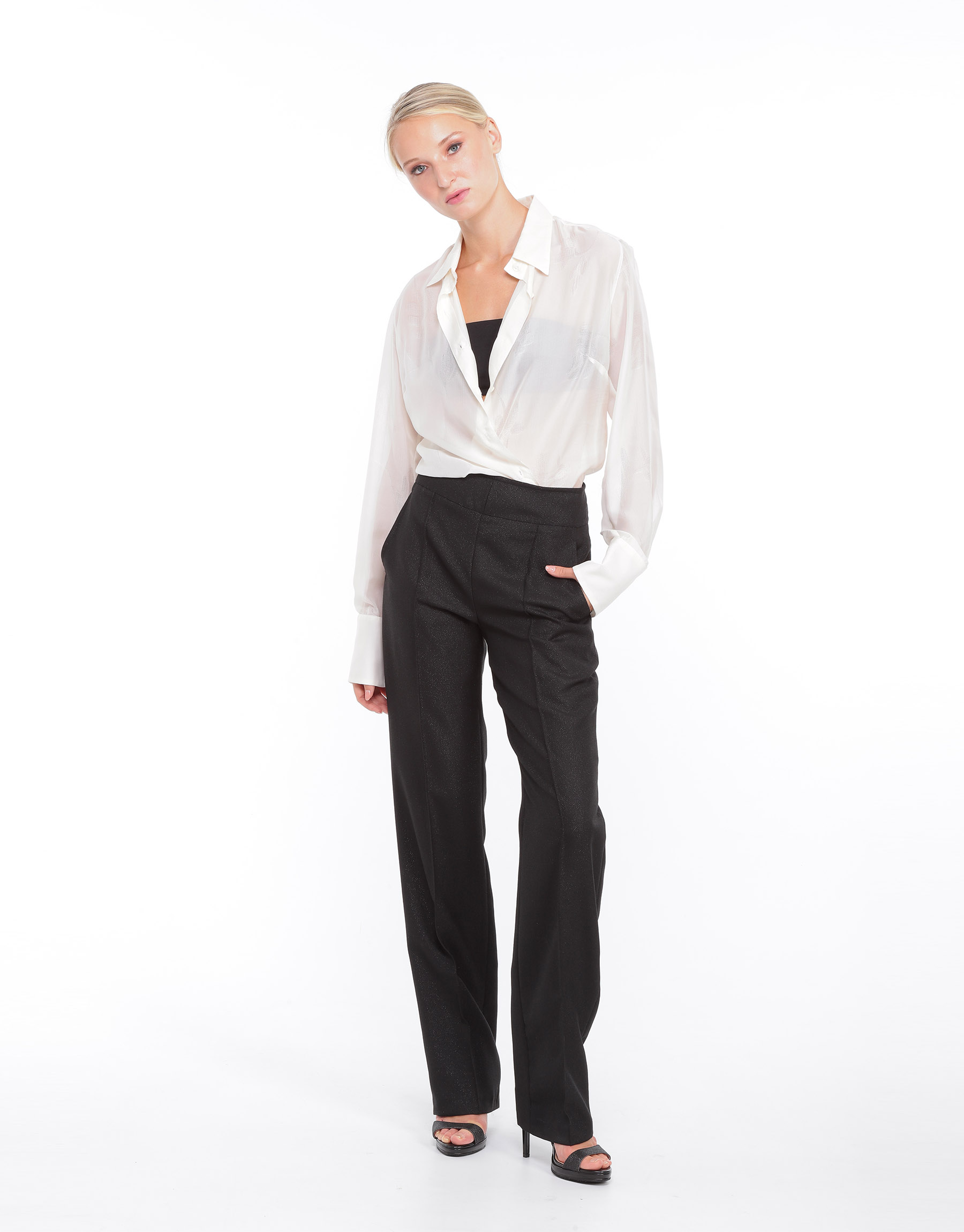 Black iridescent wool or red cotton and silk high-waisted straight trousers